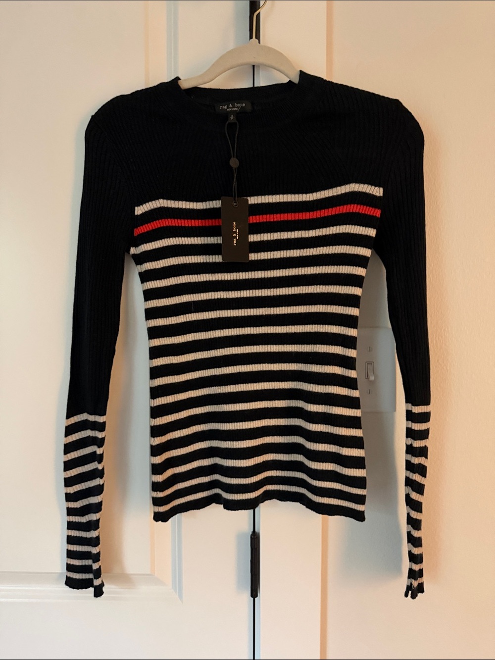 rag & bone Black, White & Red Striped cotton and cashmere lightweight Sweater